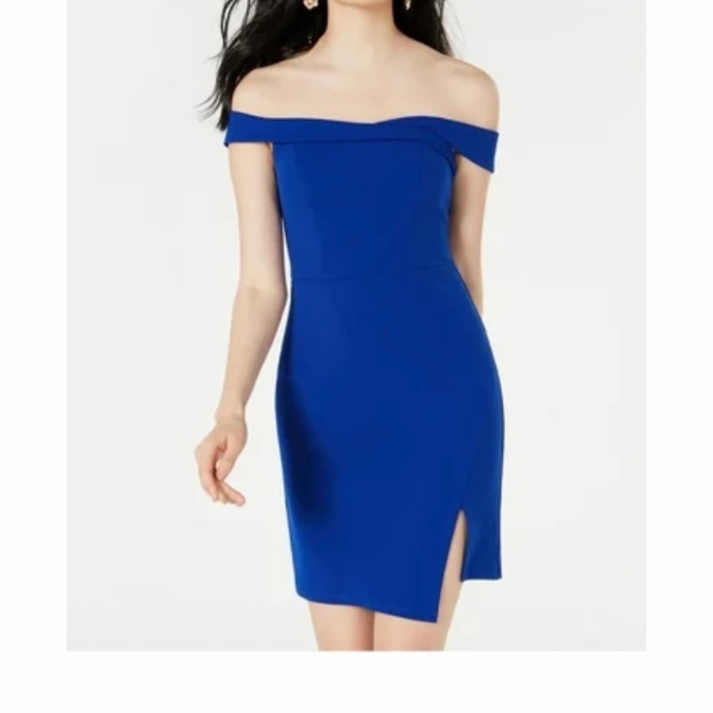 NWOT Sequin Hearts Dark Blue Off The Shoulder Scuba Bodycon Dress Size 1 Sheath